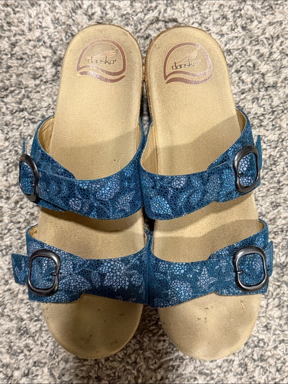 Dansko Teal Patterned Dual-Buckle Slide Mules